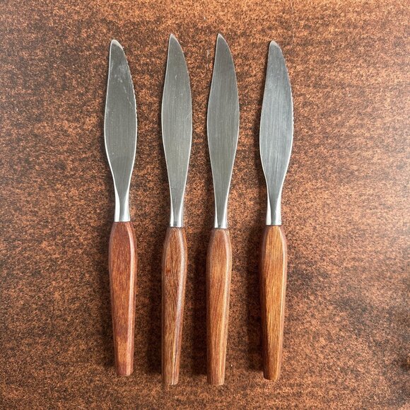 Mid Century Modern Steak Knives With Wood Handles Set Of Four - Picture 1 of 6